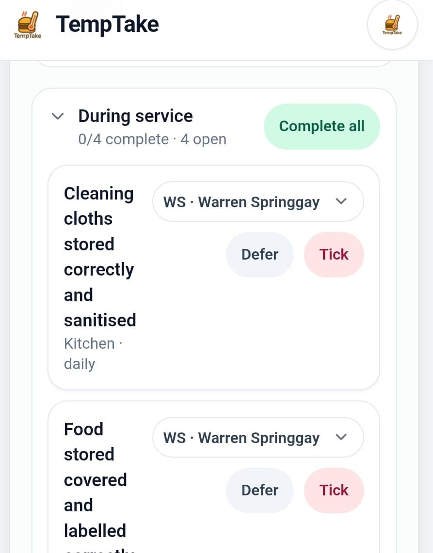 TempTake food hygiene app cleaning rota screen