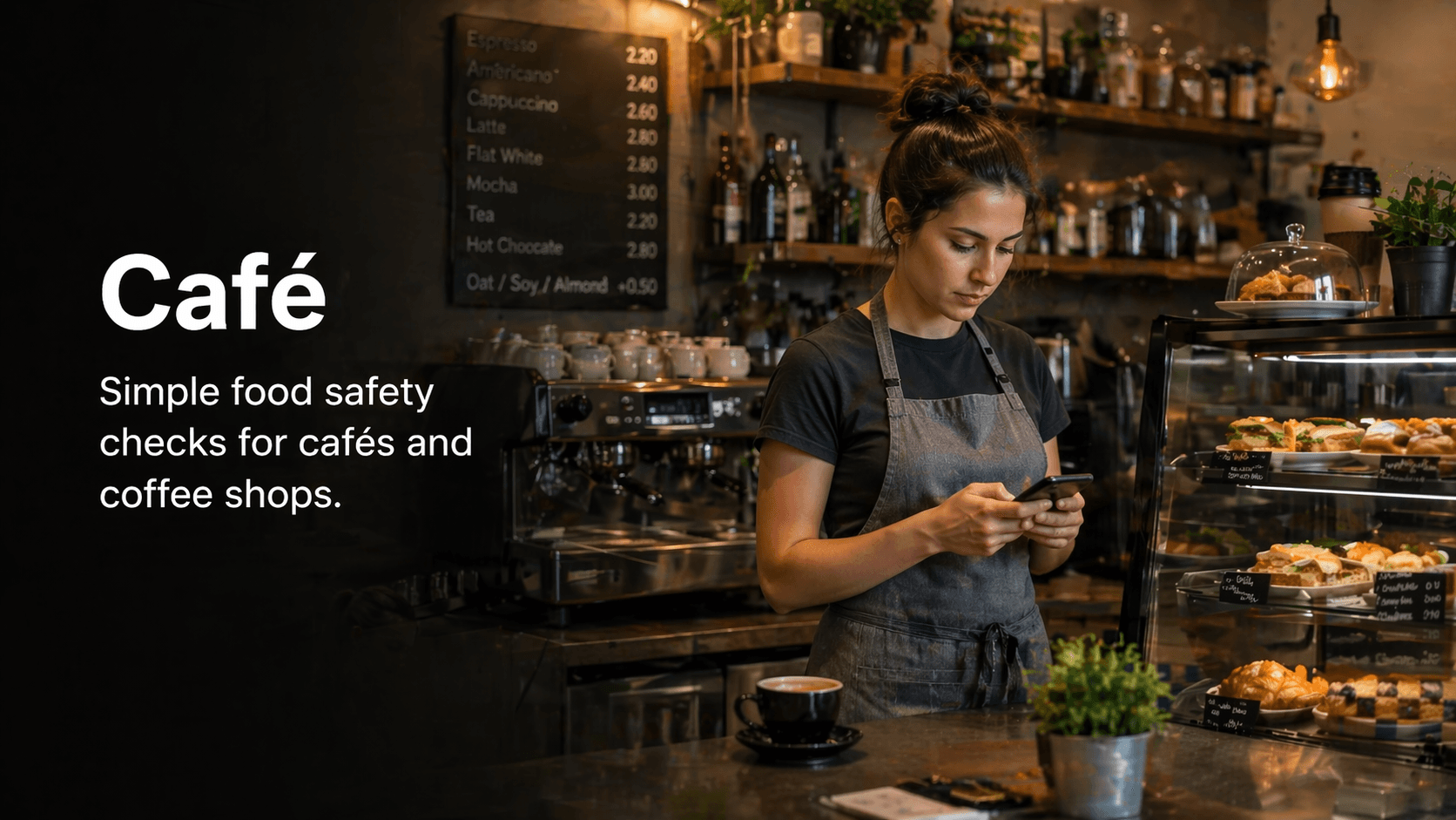 Café staff member using a phone near a display fridge and prep counter.