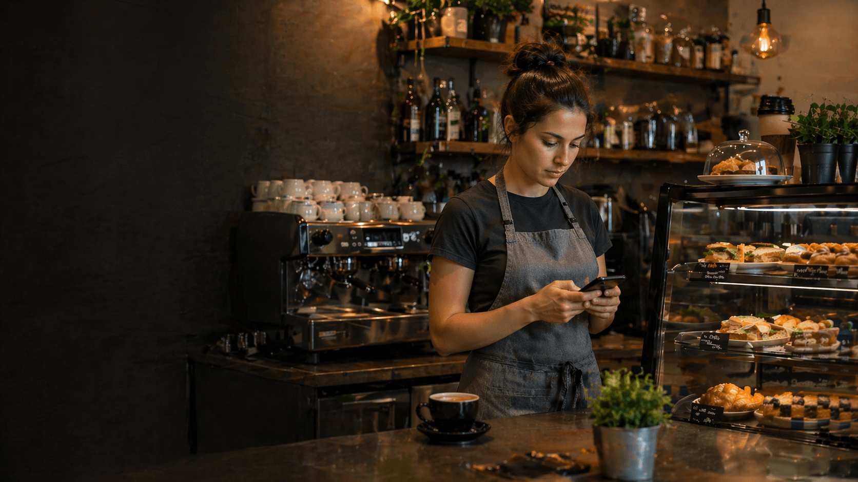 Café worker using a phone near a counter and display case without text overlay.