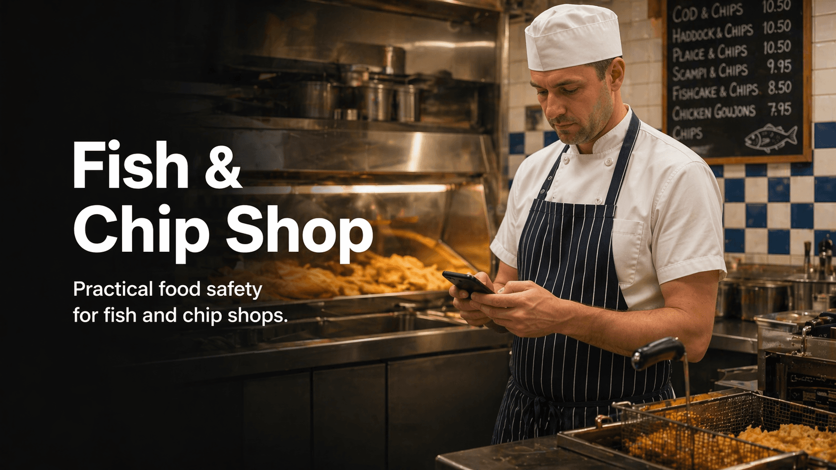 Fish and chip shop staff member using a phone in a fryer or prep area.