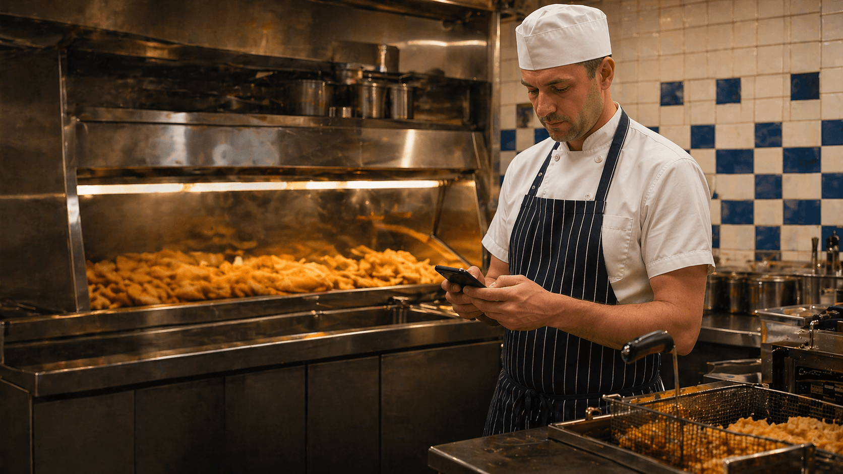 Fish and chip shop worker using a phone in a fryer area without text overlay.