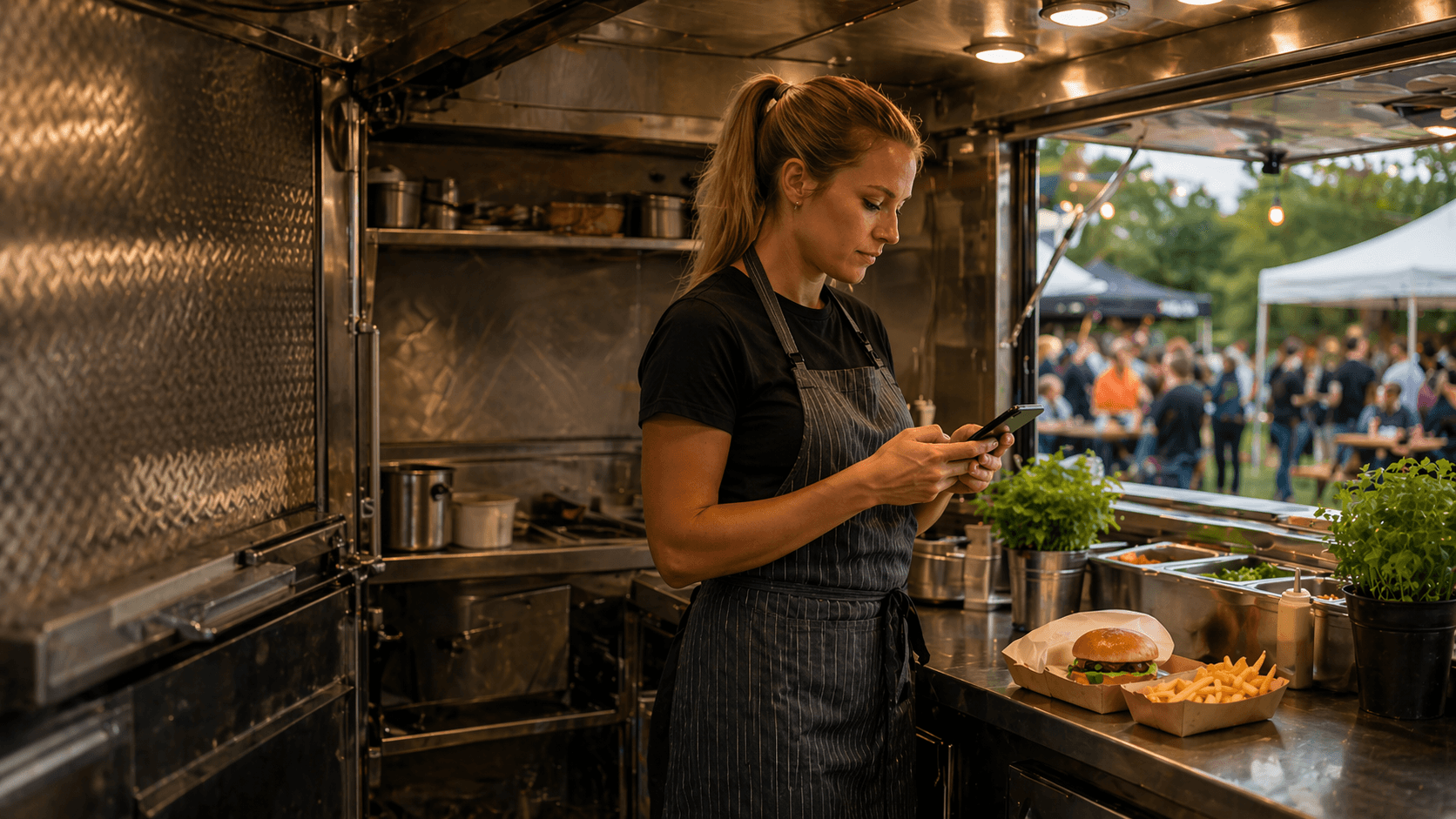 Mobile caterer in a food truck using a phone without text overlay.
