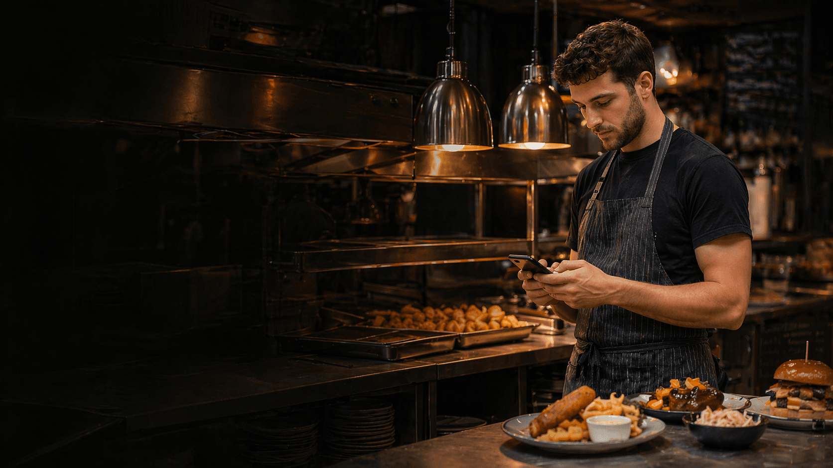 Pub kitchen worker using a phone near plated food without text overlay.