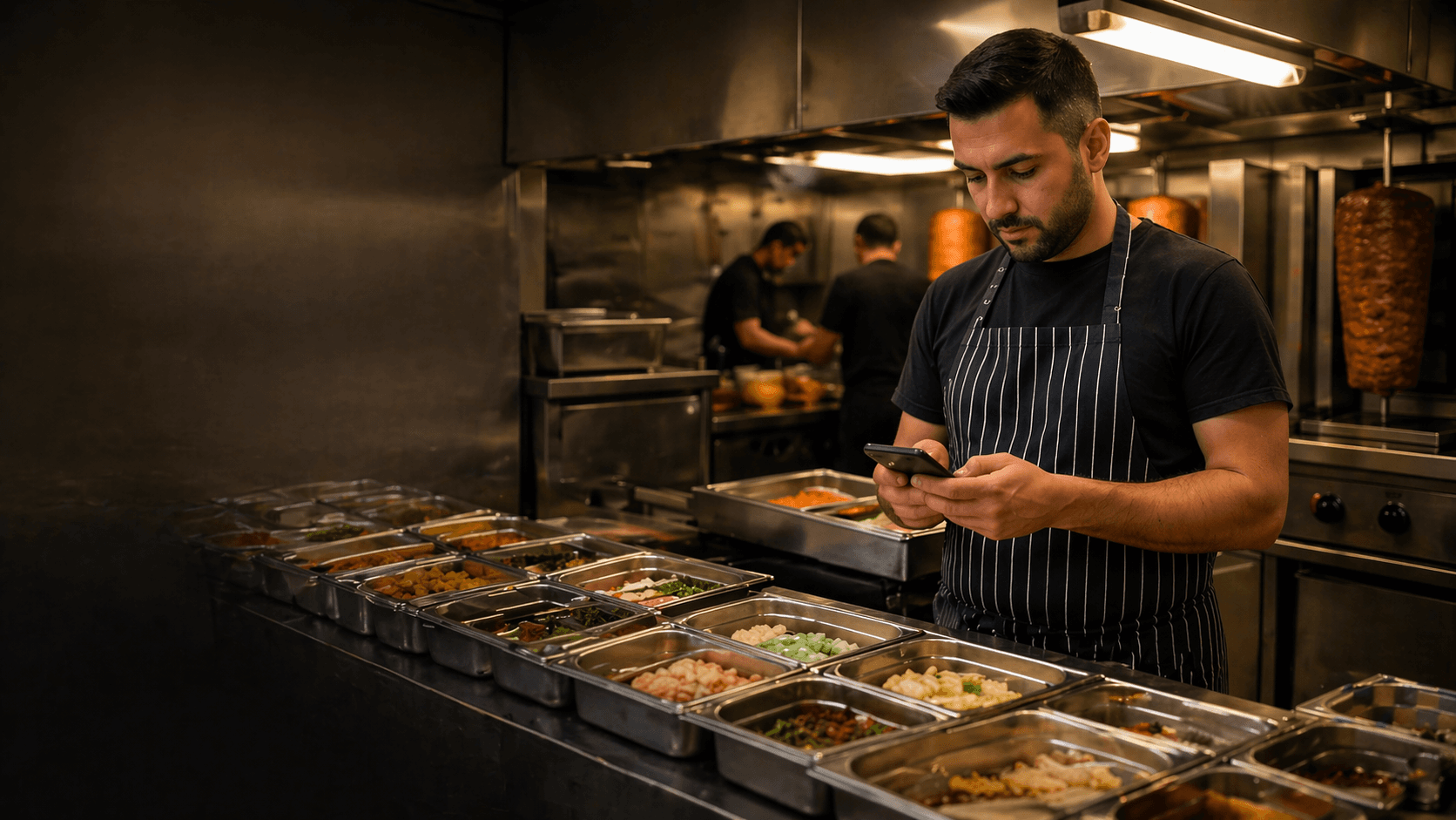 Takeaway kitchen worker using a phone in a busy prep area without text overlay.