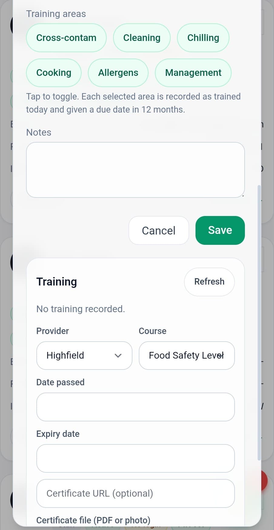 TempTake food hygiene app training records screen